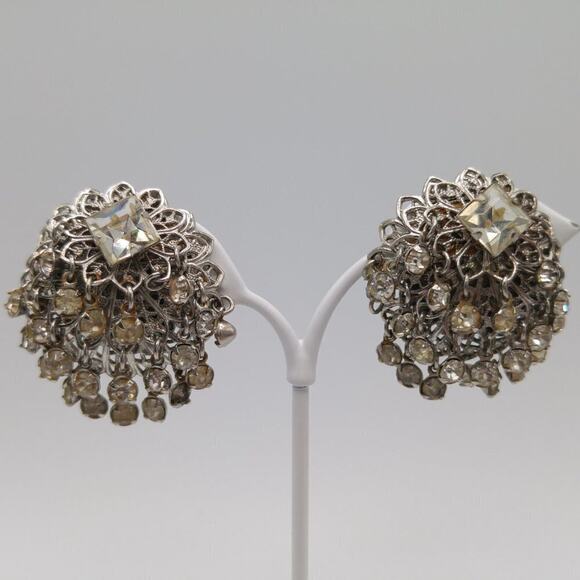 Vintage Waterfall Clip Earrings, Clear Rhinestones, Silver Tone Filigree Dangles - Picture 10 of 10